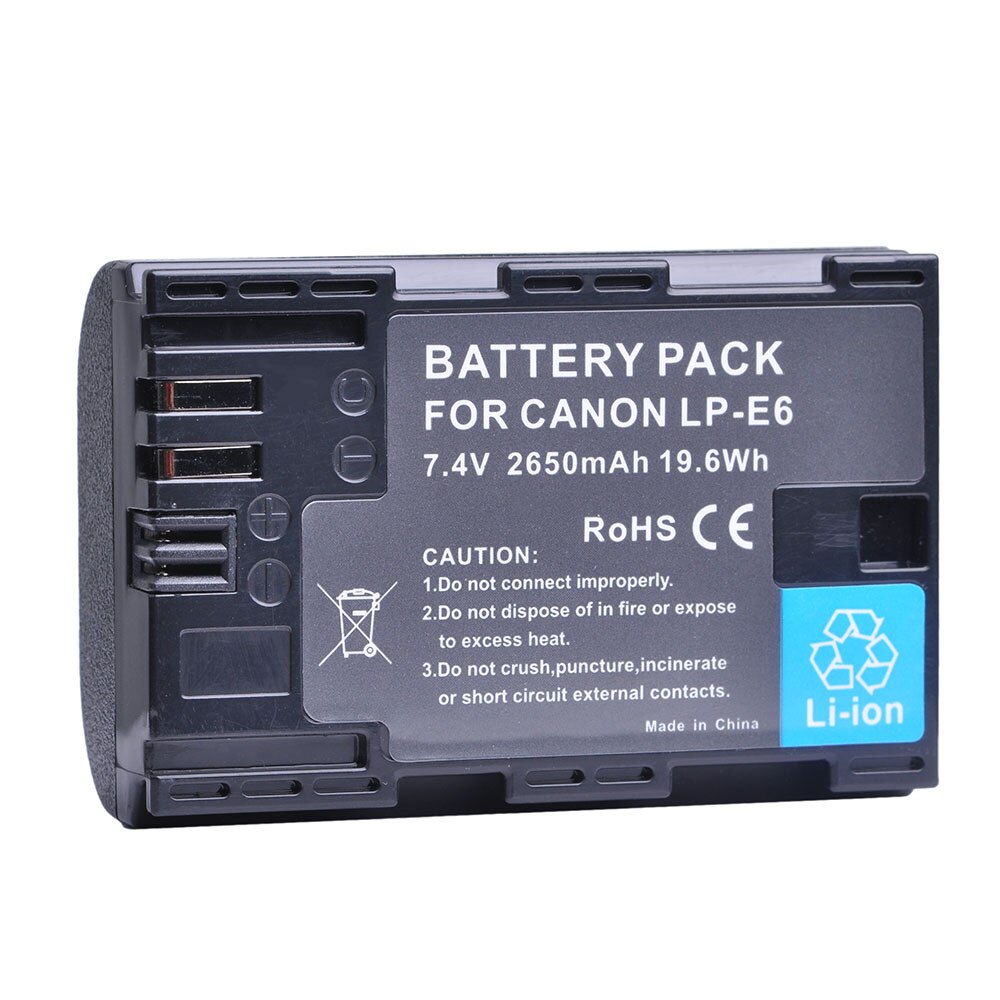 2650 mah lp -e6 lp-e6n batteri + lader for canon eos 6d 7d 5d mark ii iii  iv 5d 60d 60da 70d 80d 90d 5ds r5 r6 xc10 xc15: 1 batteri