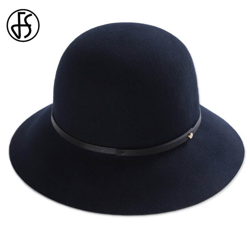 Fs vinter varm fedora hat til kvinder 100%  uld bred skygge kuppel kasket afslappet floppy kasket kvinders marineblå kamel cloche hatte