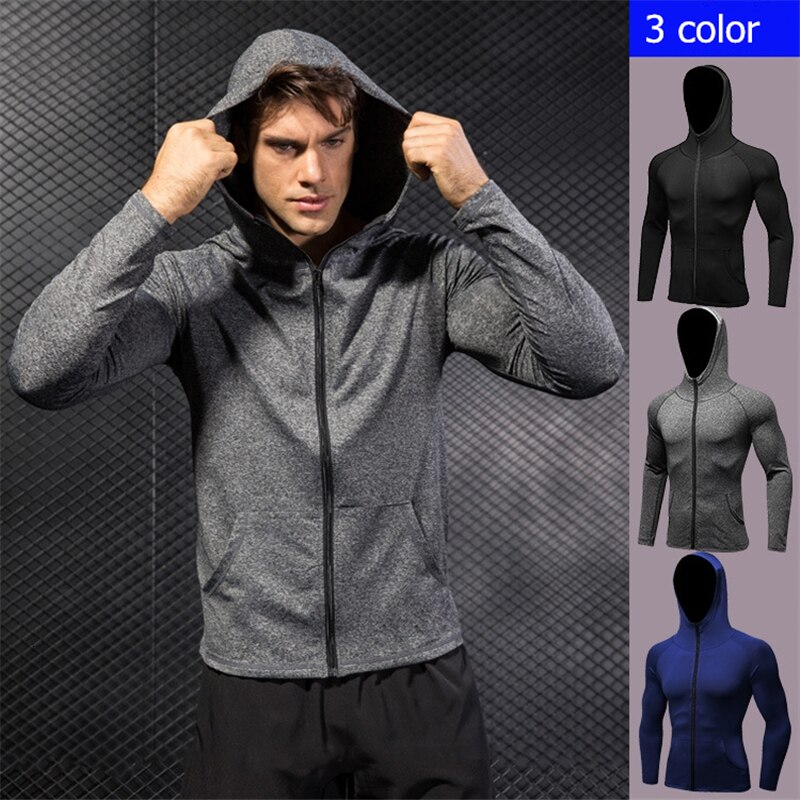 Winter Hooded Compression Sports Jacket Men Shirt Zipper Gym Clothing Men Sportswear Gym Fitness Black Running Jacket