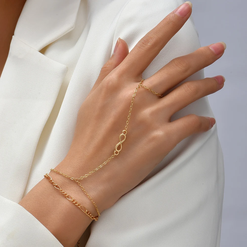 Elegant handkedjearmband ring guldpläterad handgjord länkkedjor förbindande sele armband handsmycken för kvinnor trendiga: Roströd