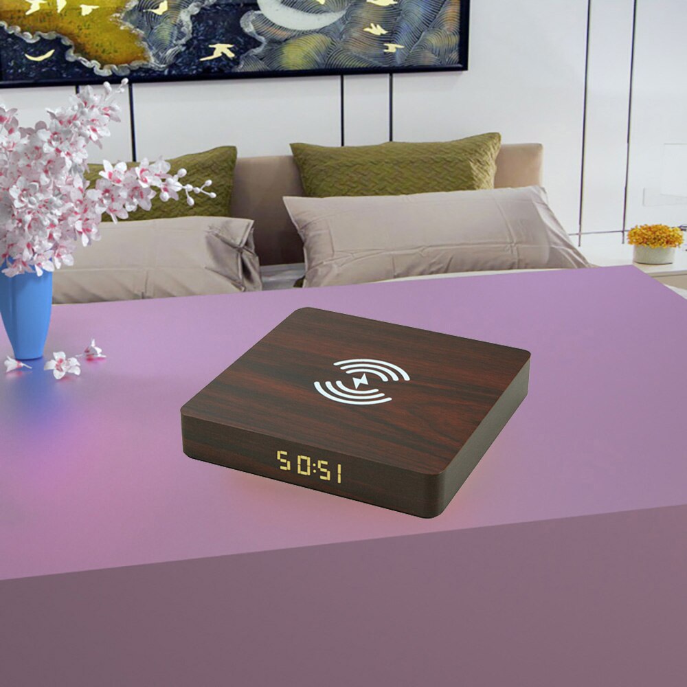 Modern Wooden Wood Digital LED Desk Alarm Clock Qi Wireless Fast Charger For iPhone for Samsung for Huawei Smart Phone