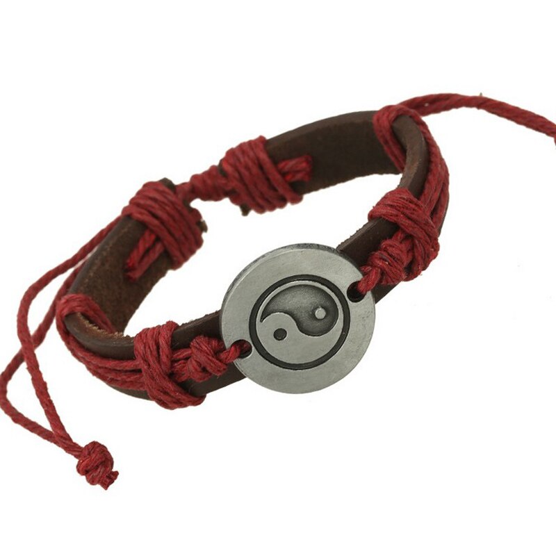 1pcs Shellhard yin yang Charm Leather Bracelets Vintage Rope Cuff Bracelet For Charm Men Wristband Bracelet Jewelry 4Colors: Red