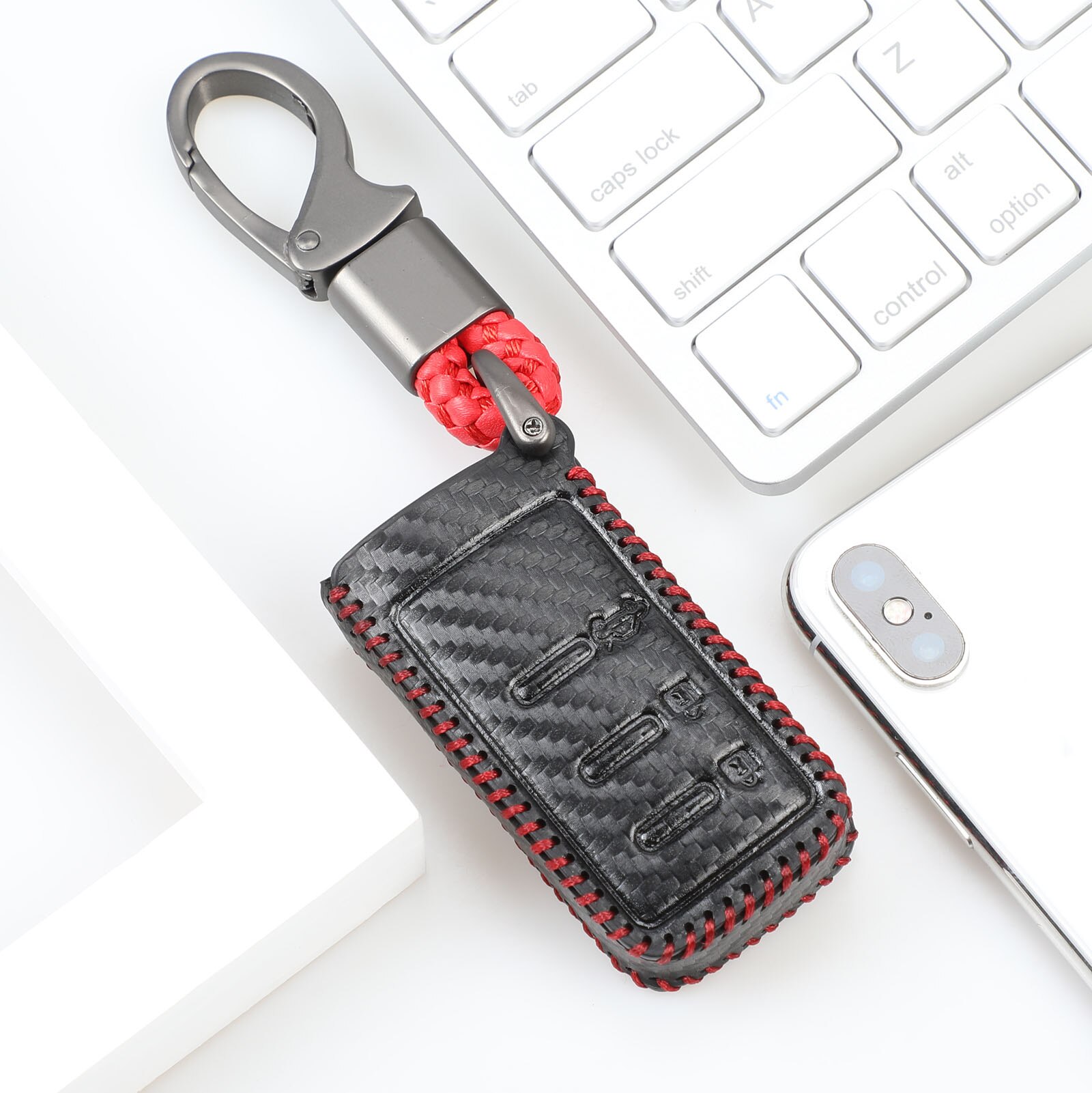 Jingyuqin fiber kolläder nyckelfodral för subaru forester outback legacy  xv 3- knapps smart fob biltillbehör: Röd tråd