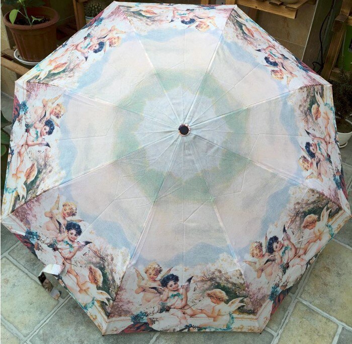 Oil Painting Umbrella Angel Holding Umbrella Woman Automatic Tri-fold Shade Sunny Umbrella