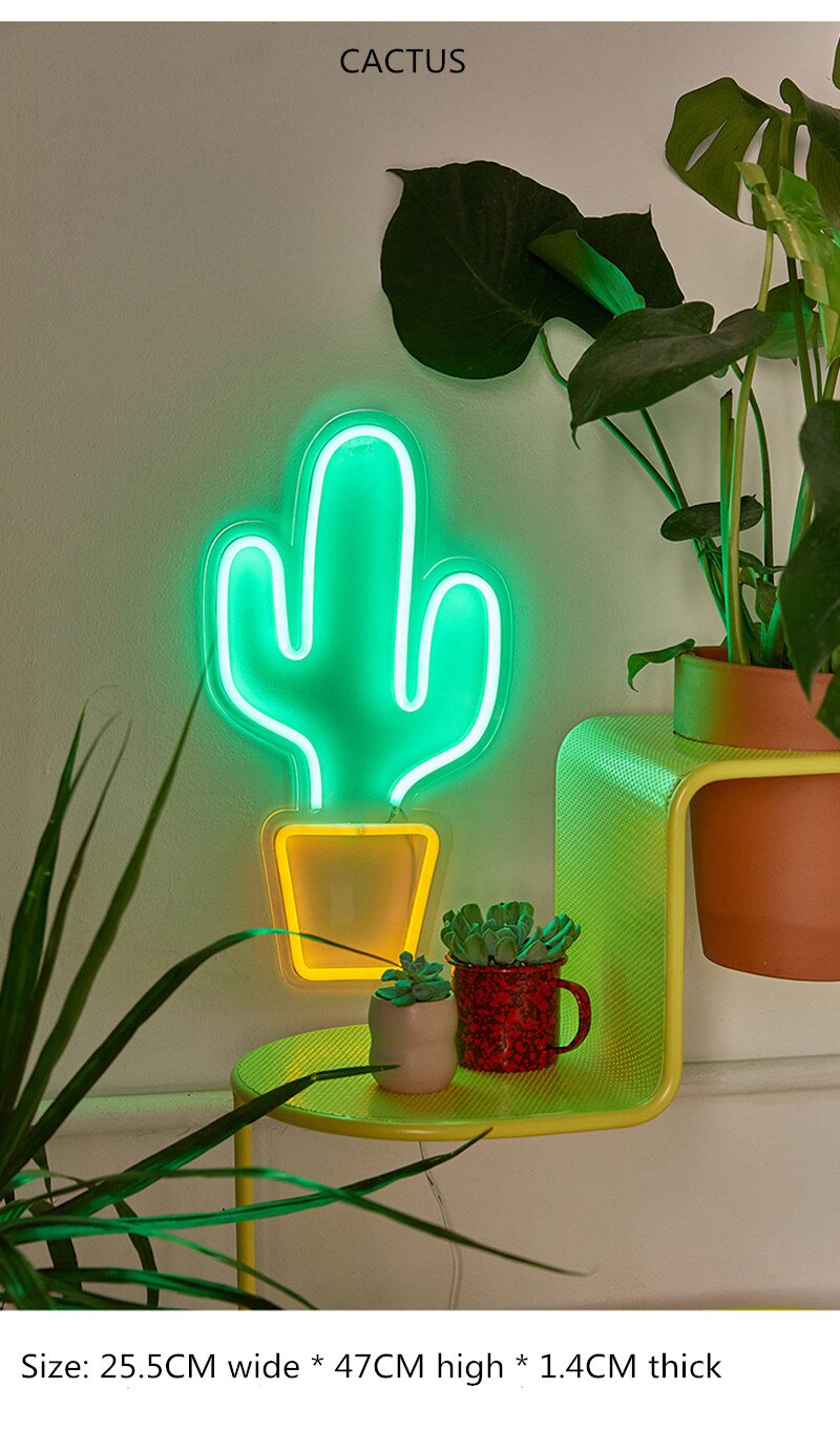 Letrero de neón para decoración de pared del hogar, luces LED de Panel de luces de neón para de Navidad, tienda, 10 tipos de luces de neón de colores, Love Hello: cactus