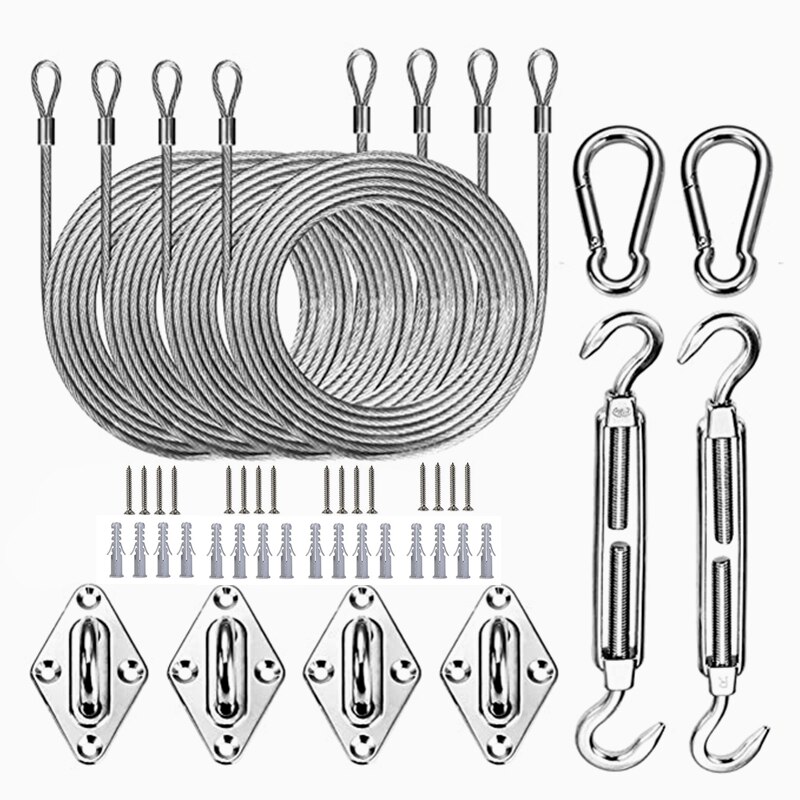 33/44Pcs Stainless Steel Wire Rope Kit Triangle Four-corner Sunshade Sail Canopy Installation Set Home Outdoor Supplies