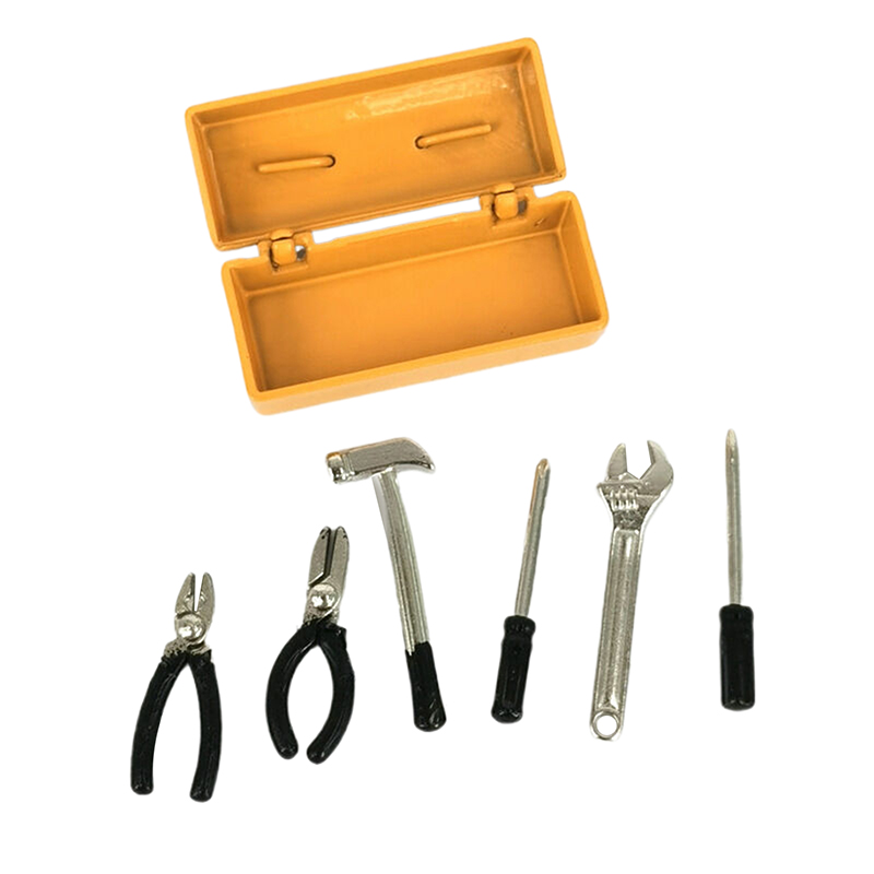 1 set dockhusminiatyrverktygslåda 【verktygslåda +6 verktyg】handgjorda verktygsset modellmöbler tillbehör dockhusdekor leksaker