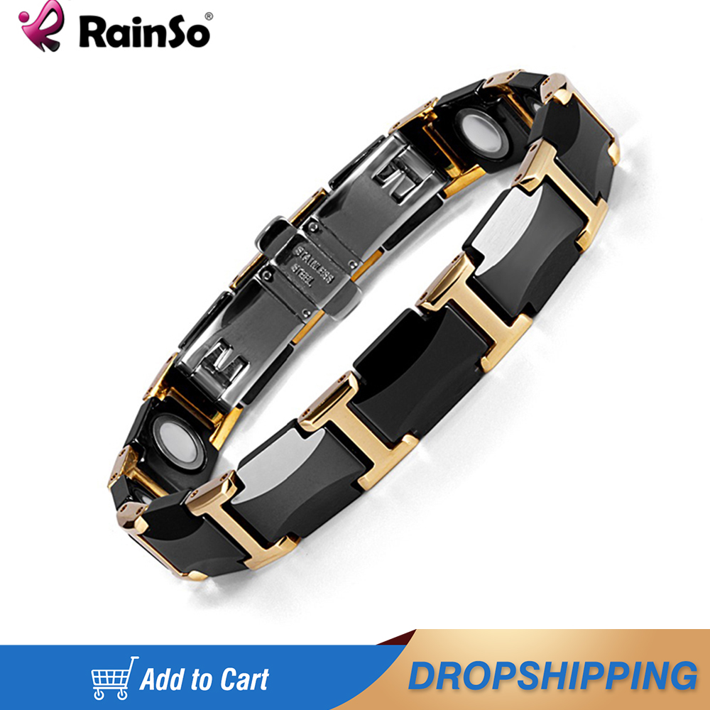 Rainso Black Ceramic Tungsten Steel Charm Magnetic Health Care Link Bracelets for Women with Gold color ORB-216-01BKG