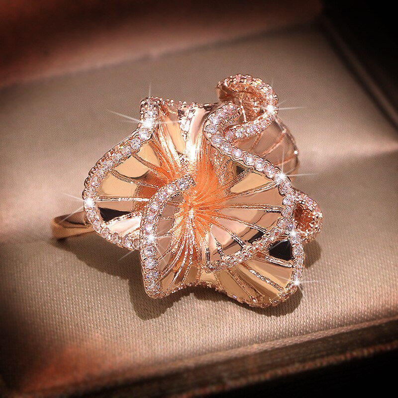 Camellia Bloem Aaa Zirkoon Trouwringen Voor Vrouwen Luxe Rose Goud Kleur Kristallen Engagement Bridal Ring Trendy Sieraden