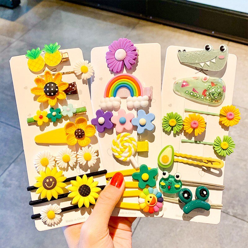 10 pçs/set crianças girassol grampos de cabelo conjunto hairpin para meninas adorável dos desenhos animados frutas flores bandana do bebê bb clipe barrettes