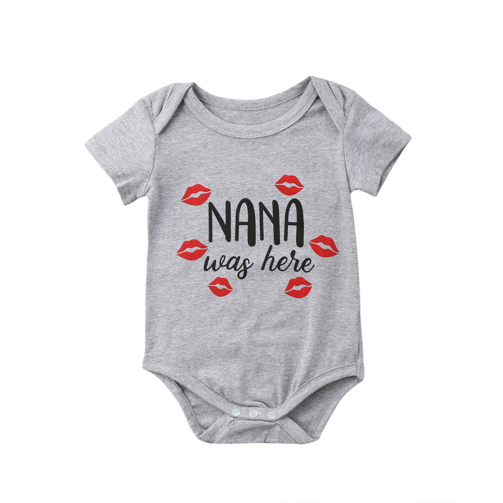 Bebé niño niña manga corta NANA letra de impresión Romper cubierto mono de botón ropa