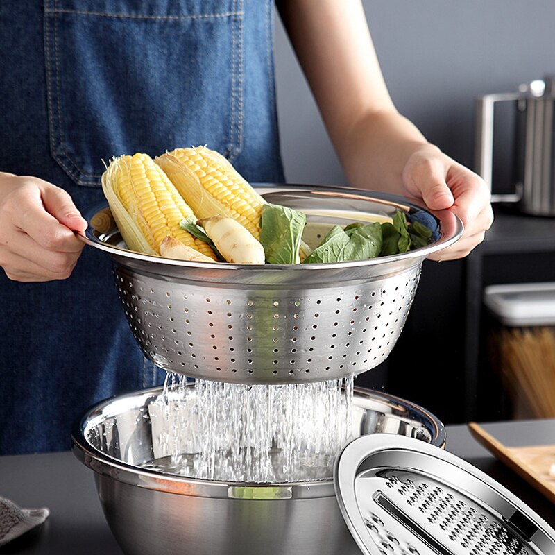 Wilona Wash Rice Vegatable Plates And Bowls Multifunction Thickening Deepen Stainless Steel Leak Basin Water Filter Plate Set