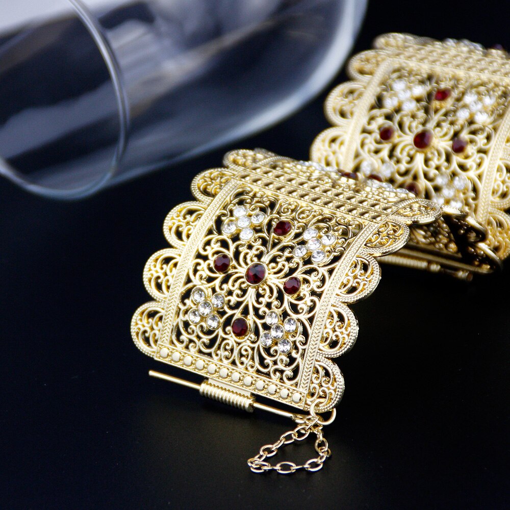 Sunspicems – Bracelet algérien marocain pour femmes, couleur or, grande taille, manchette en fleur de cristal, ethnique indienne, bijoux de mariage