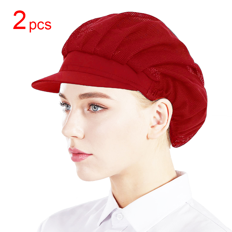 2pcs or 5pcs Kitchen Cooking Hat Food Service Mesh Cap Catering Elastic Working Hats Women Men Hair Cover Caps Workshop Hat: Red
