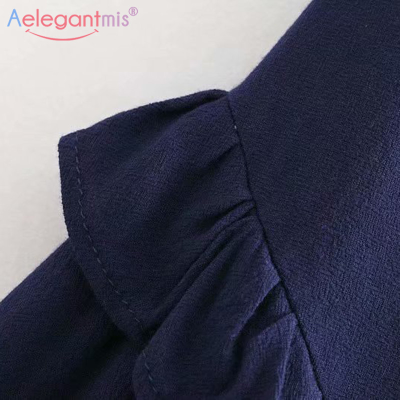 Aelegantmis camisa de gasa suelta azul marino mujeres Chic flor bordado blusas señora Casual manga larga Tops