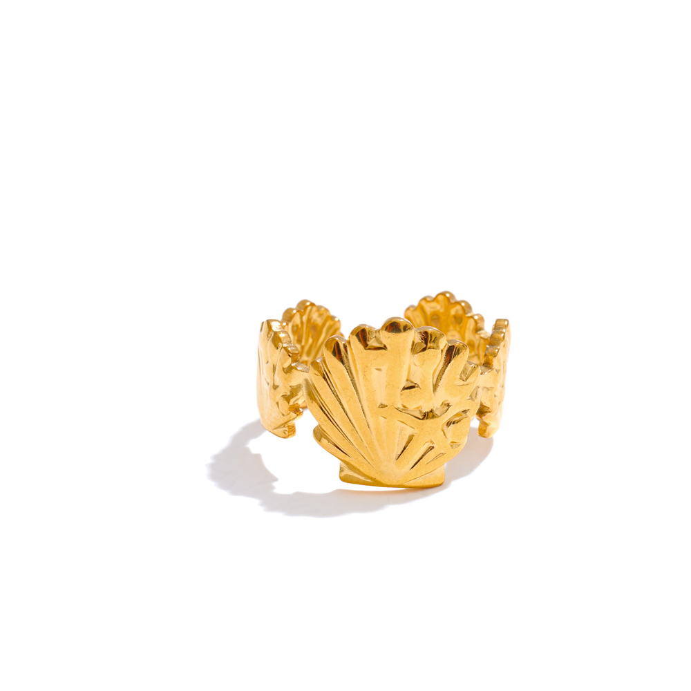 Anillo chapado en PVD de Color dorado ajustable abierto con flor de océano Yhpup para mujer, joyería de acero inoxidable a la , accesorios al por mayor: Castaño