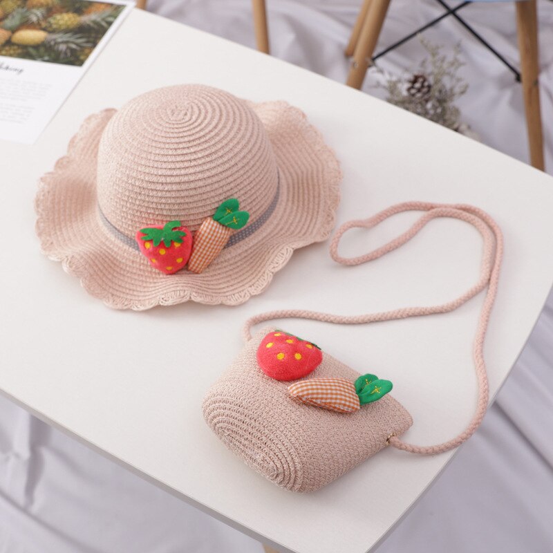 Sombrero tejido de paja bolso bandolera para niña de verano dibujo bonito fresa playa viaje protector solar onda de encaje gorra de sol U5