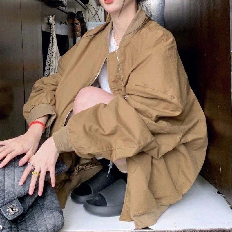 Oversize jakker kvinder bf stil chic bomberjakke frakker harajuku ensfarvet koreansk lynlås afslappet efterår overtøj vindjakke