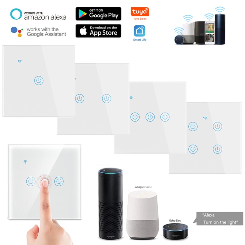Tuya WiFi Light Switch work with or No Neutral Wire, 1/2/3/4 gang EU/UK Smart Wall Switch works for Alexa, Google Home echo