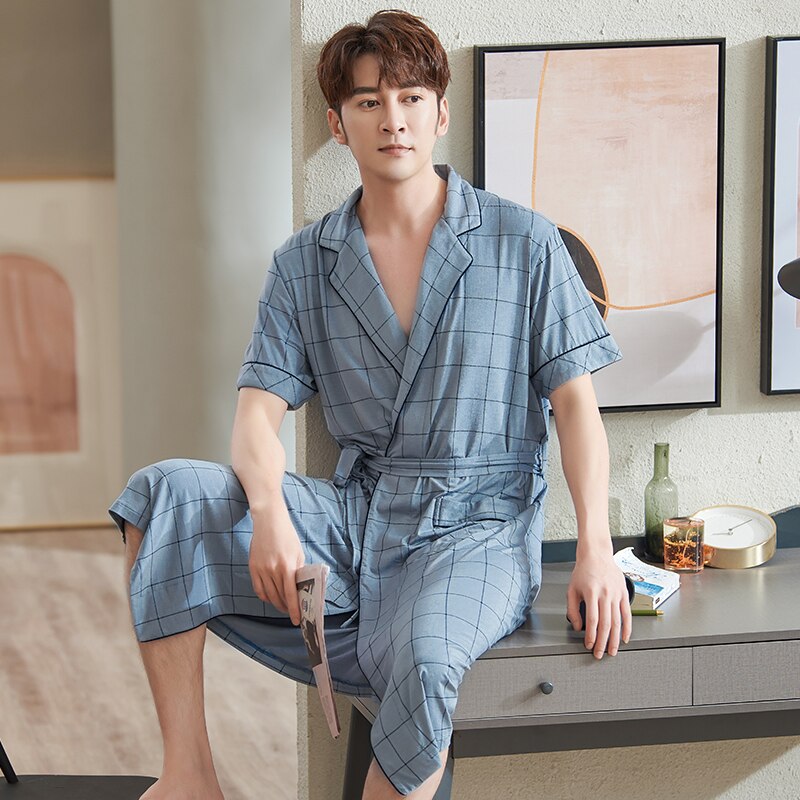Zomer Mannen Korte Mouwen Robes Modal Katoen Lange Badjas Lounge Wear Thuis Gekleed Loungewear Nachtkleding Grote Werven Pyjama Gewaden