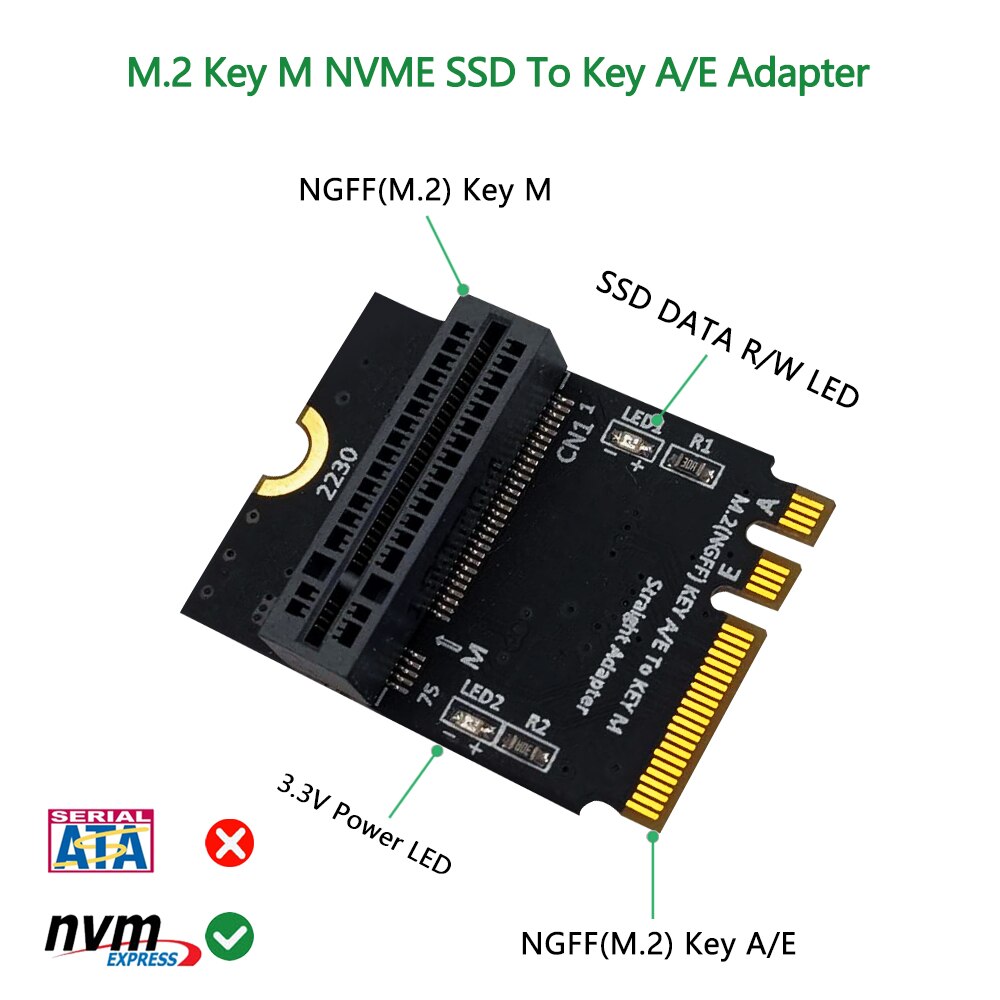 Adaptador Añadir en la tarjeta M.2 NVME SSD PCIE M2 NGFF Key M A M.2 Key A/E, instalación Vertical para tarjeta elevadora 2280 M2 NVME SSD