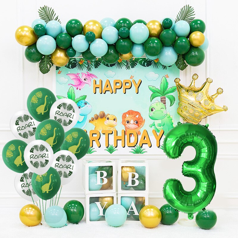 11Pcs Green Foil Number Balloons Dinosaur Latex Balloon Kids Jungle Theme Birthday Safari Forest Party Decorations Baby Shower