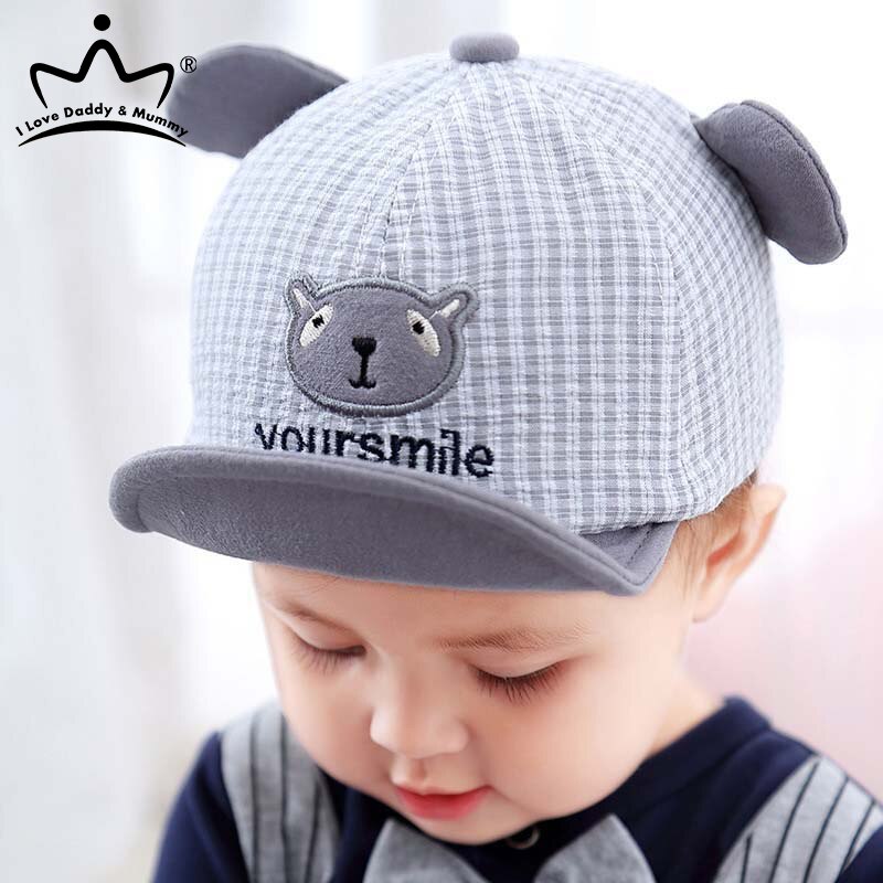 Cute Cartoon Baby Cap With Ears Summer Newborn Adjustable Baseball Cap Cotton Baby Girl Boy Hat Plaid Toddler Kids Sun Hat