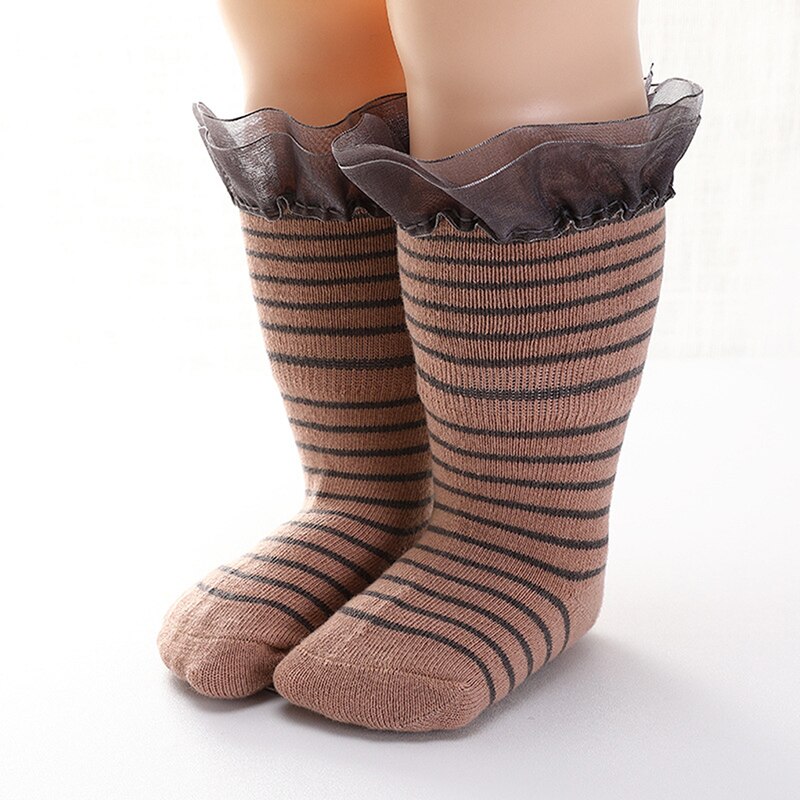 Stripe Soft Cotton Boys Girls Children Socks Cute Lace Style Kids Socks Baby Socks 0 to 3 years: Coffee