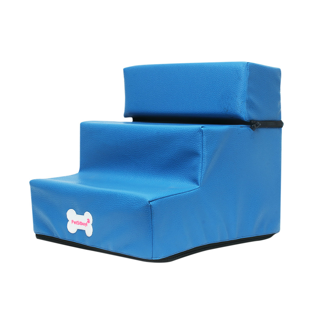 Luxury Mesh Fold Pet Ramp Stairs For Little Small Dog Puppy Cat Animals Mat Mattress Bed Fabric 3-steps with detachable Cover: Blue