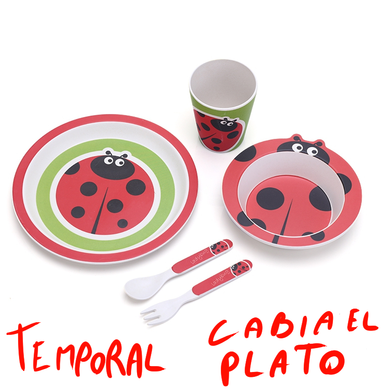 Set de 5 Vajillas Infantil Barco Mariquita Hecha de bambú Biodegradable. Apto para lavavajillas. Hasta 100ºC.: Mariquita