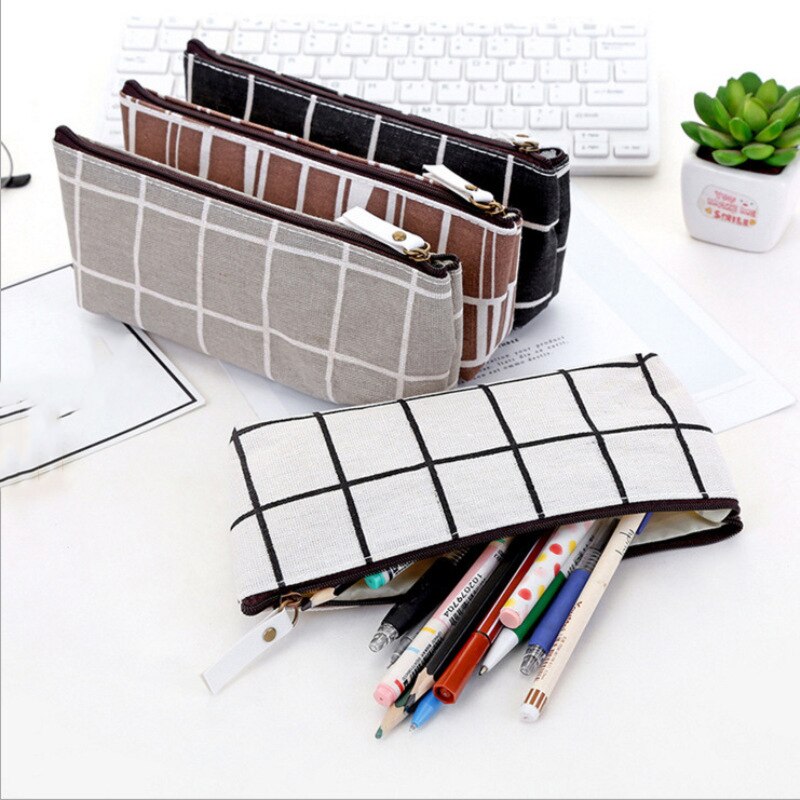 Zipper Pencil Case Bags School Striped Grid Solid Color Pencil Bag Pouch Office Kids Supplies Primary Students Birthday