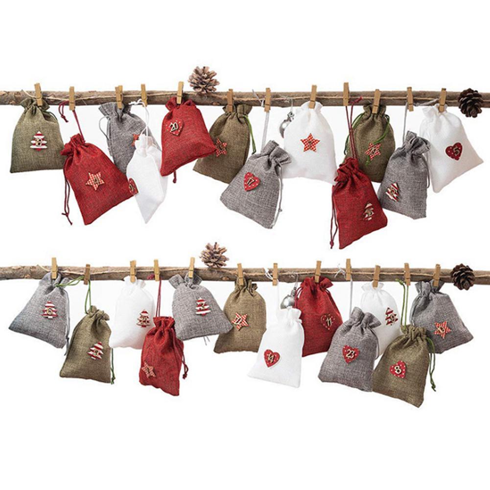 24pcs Christmas Advent Calendar Bags Burlap Drawstring Advent Calendar Bags With Clips Rope Year Christmas Decor