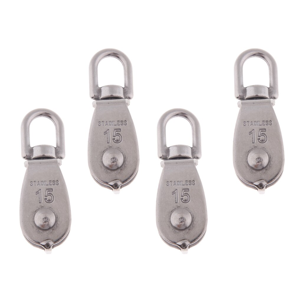 4Pcs 15mm Single Pulley Block Rope Rigging Marine Stainless Steel Swivel Eye