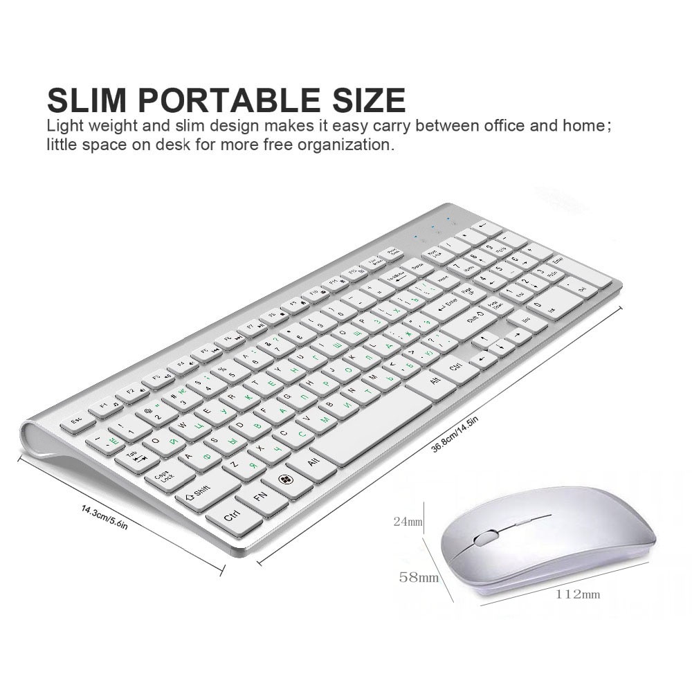 2.4G Wireless Keyboard and Mouse, Russian Layout U.S. Layout, Compact, Convenient, Ultra Thin, Ergonomic, Silver White