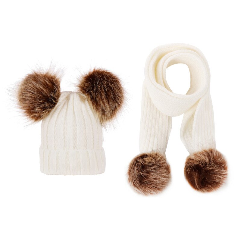 Leuke gebreide kinderen hoed met een sjaal dubbele bal faux fur hoeden sjaals set winter accessoires voor baby sjaal muts kids: 7