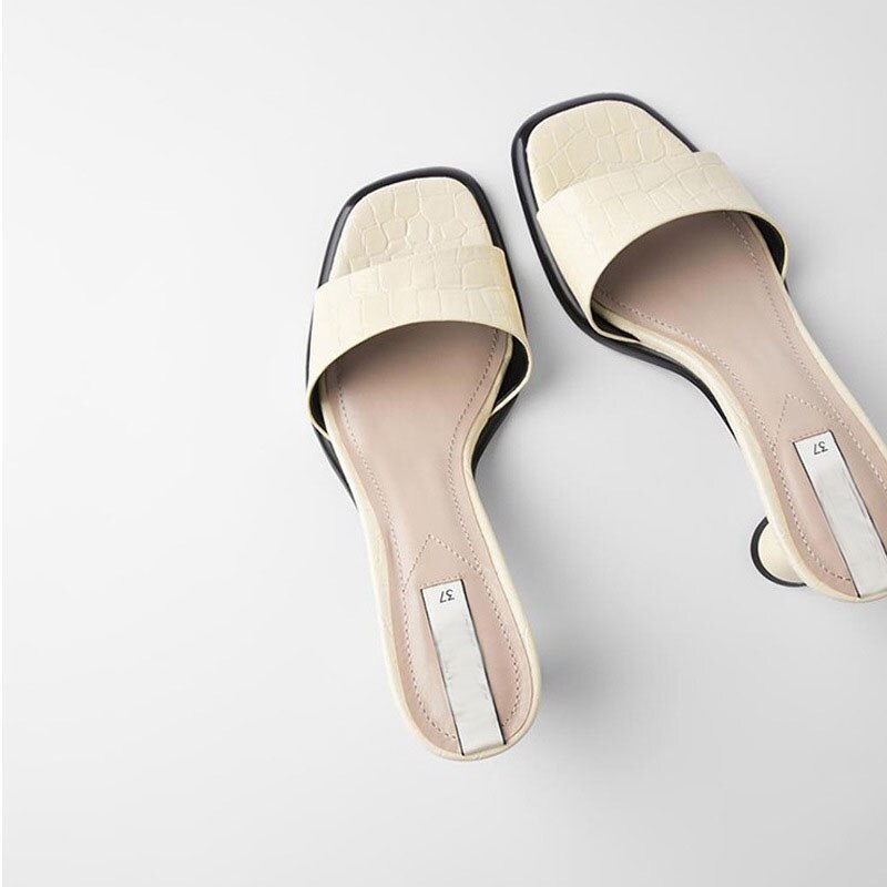 Zomer dames slippers vierkante neus cup hak slide sandalen dierenprint leren sandalen dames merk schoenen: Beige / 37