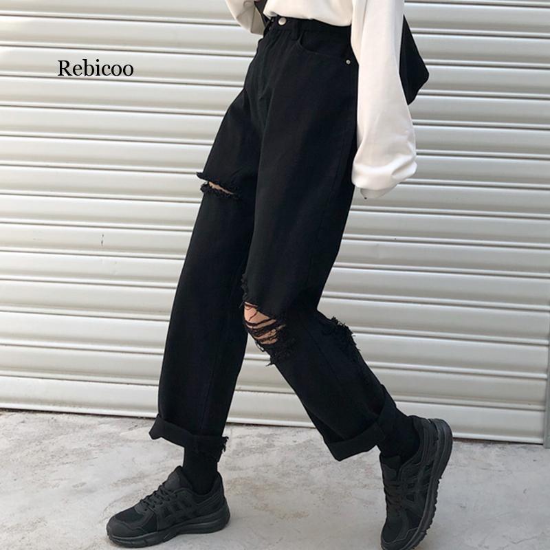 Vintage losse jeans, zwarte rechte wijde pijpen, hoge taille, gescheurde jeans voor vrouwen, knielange gescheurde broeken, mom jeans, vriendjes: Ik