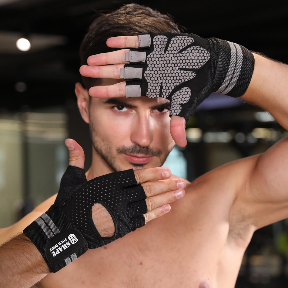 Halvfinger gym fitness handsker med håndledsfolie støtte til mænd kvinder crossfit træning magt løfteudstyr