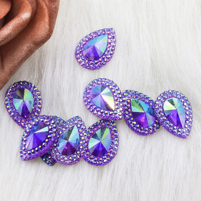 Gema de cristal con forma de gota brillante y colorida, pedrería de resina plana de 13x18mm para costura, apliques artesanales de boda, 25 uds.: Purple