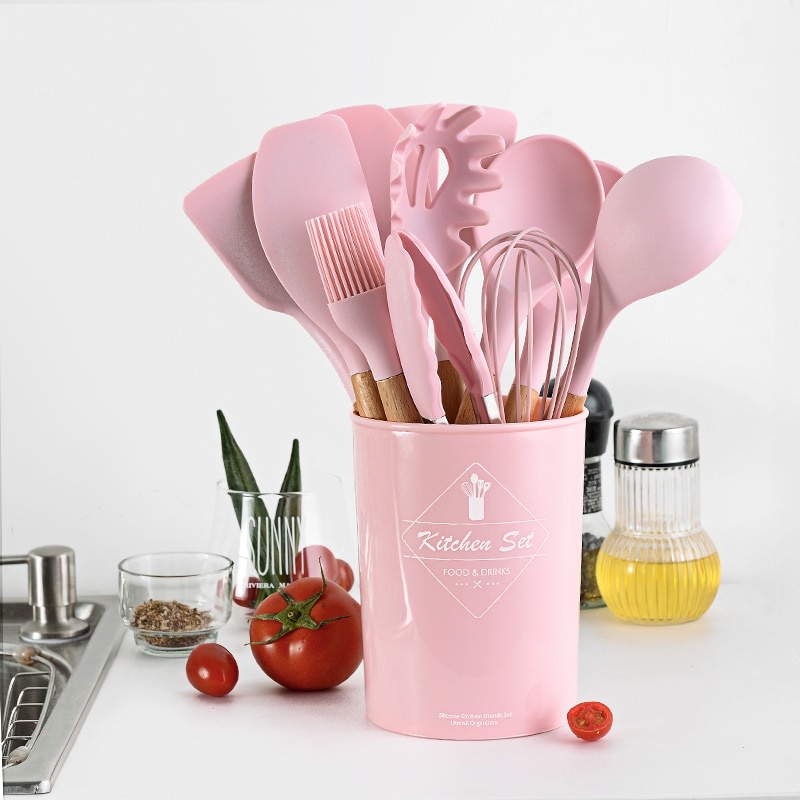 Juego de utensilios de cocina de silicona antiadherente espátula pala con asa de madera conjunto de utensilios para cocina con caja de Almacenamiento Herramientas de cocina