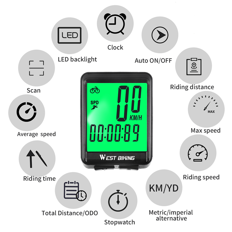 WEST BIKING Waterproof Bicycle Computer WirelessWired MTB Bike Cycling Odometer Stopwatch Speedometer Watch LED Digital Rate