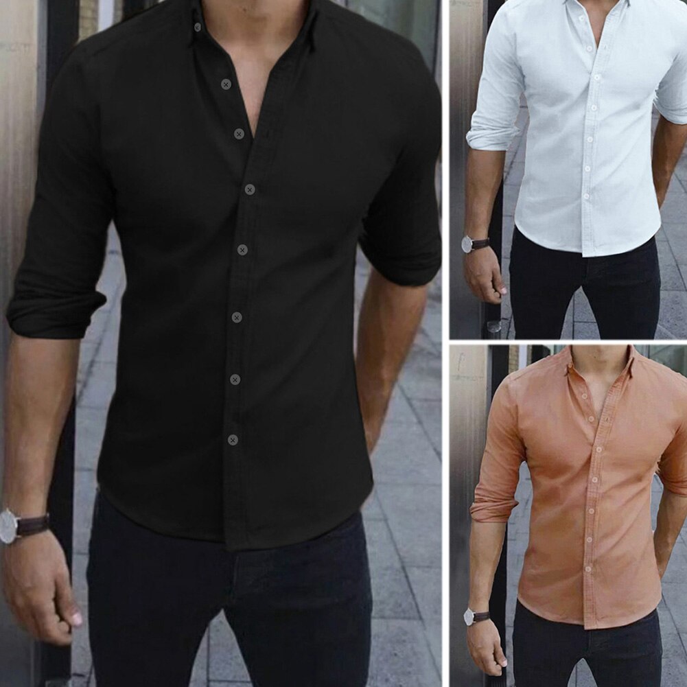 Men Shirts Slim Fit Solid Color Long Sleeve Single Smart Casual Shirts Breasted Turndown Casual Tops