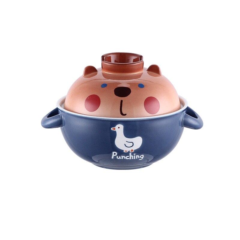 Bol à nouilles instantanées en céramique avec couvercle, cochon mignon Panda Ramen chat Kawaii grand bol à salade soupe aux fruits bol de cuisine, vaisselle: Bleu
