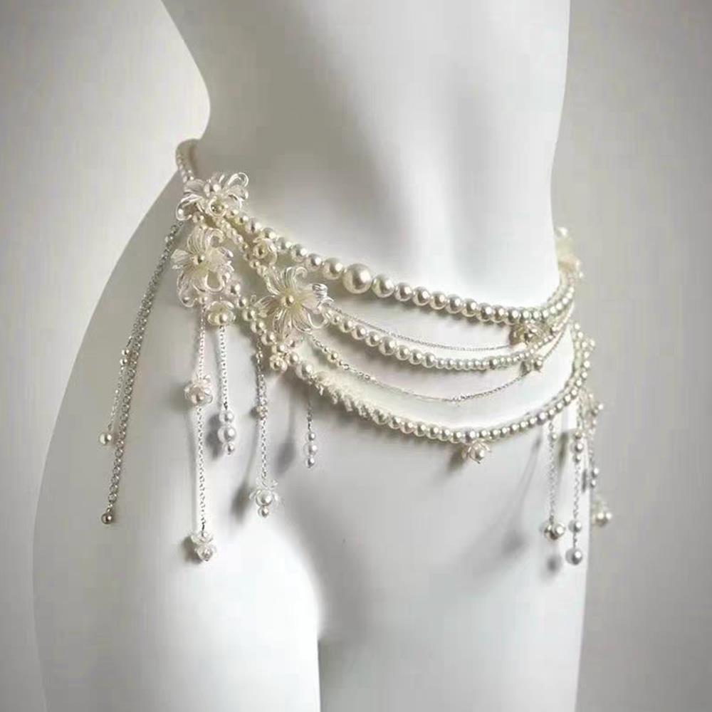 Sexy Geometrische Parel Taille Ketting Voor Vrouwen Bloem Kwastje Dubbellaags Kralen Ketting Riem Streetwear Zomer Mode Lichaam Sieraden