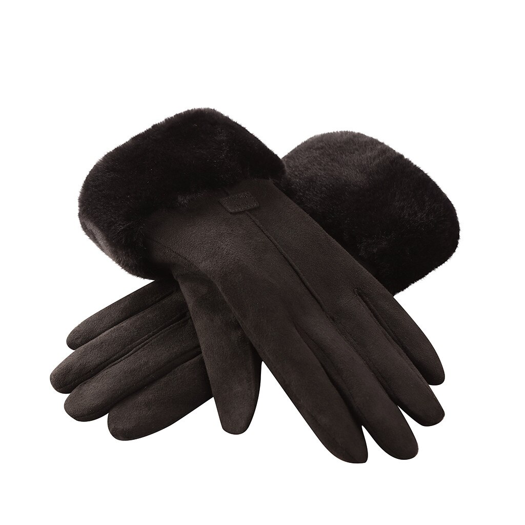 Vrouwen Winter Handschoenen Dames Meisjes Outdoor Warmte Volledige Vinger Gevoerd Rijden Handschoen Bont Wanten Guantes Mujer Перчатки Женские: Black 