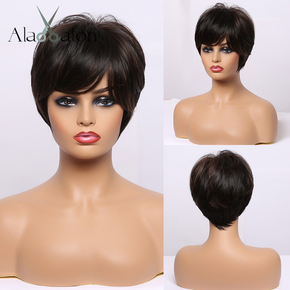 ALAN EATON Mixed Black Brown Wigs for Women Afro Short Straight Bob Wigs with Side Bangs High Temperature Fiber Pixie Cute: ss166-4