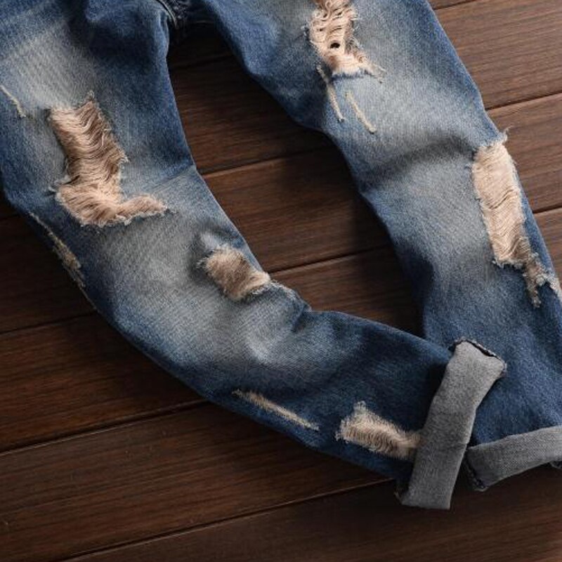 Sokotoo Men's plus size casual ankle length slim denim bib overalls hole ripped crop jeans Jumpsuits