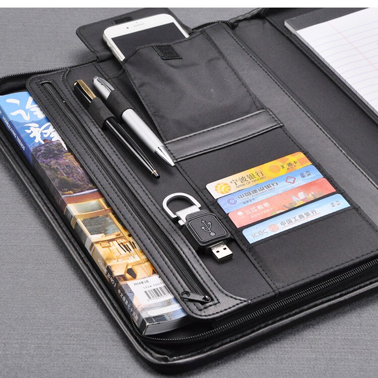 Multifunctionele Business Portfolio Padfolio Map Document Bag Organizer A4 Pu Leer Ritssluiting Met Gsm-zakje