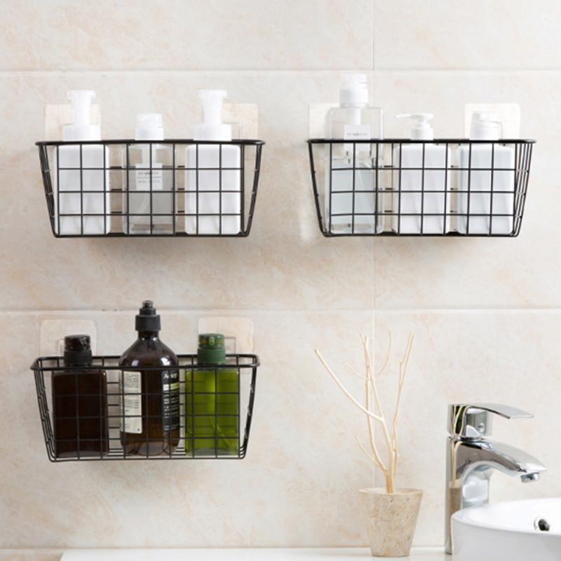 Metal Shelf Organizer Wall Mounted Iron Mesh Basket Rack Sundries Storage Holders Net Box Seamless Paste Hanging Bathroom Cocina
