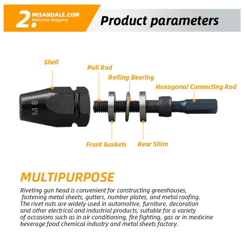 Hand Rivet Nut Head Nuts Easy Installation Riveter Tool Tip Mandrel Head Replacements M4 M5 M6 M8 M10 M12 Threaded Riveter Nut